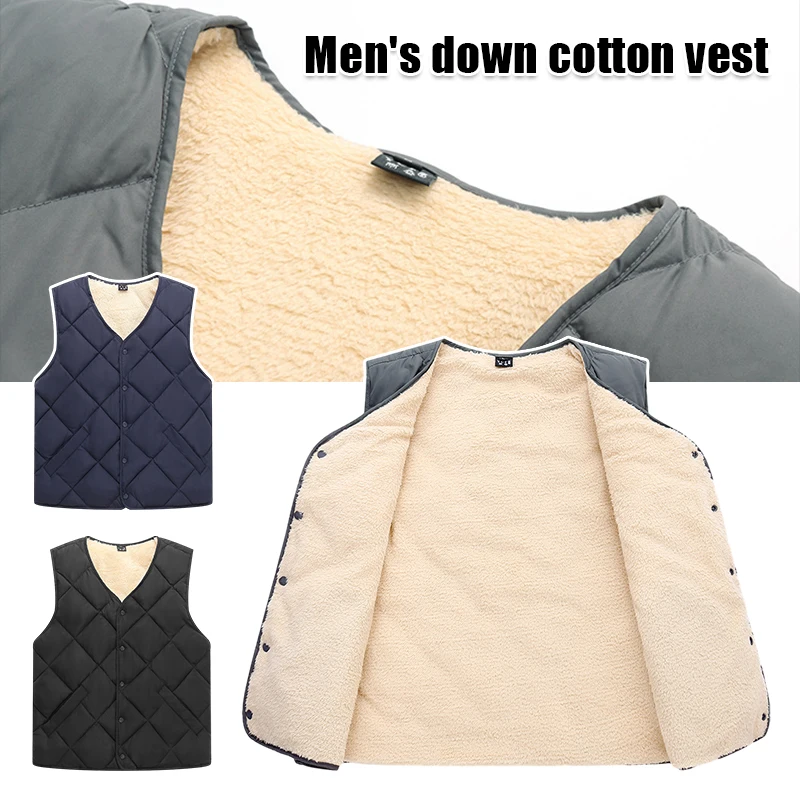 Autumn Winter Men Warm Vest Down Cotton Plush Thicken Casual Sleeveless V-neck Jacket Middle Aged Elderly Men's Vest Gilet L-4XL