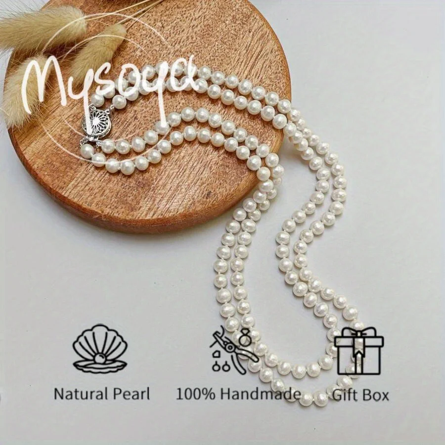 

MYSOYA 5-6mm Natural White Freshwater Double Strand Pearl Necklace For Women And Men With Gift Box Birthday Wedding Jewelry Gift