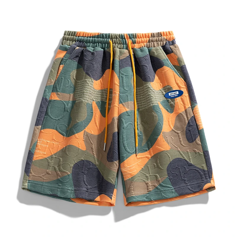 Fashion Printed Lace Up Camouflage Board Shorts Men's Clothing 2024 Summer New Loose Korean Elastic High Waist Casual Shorts