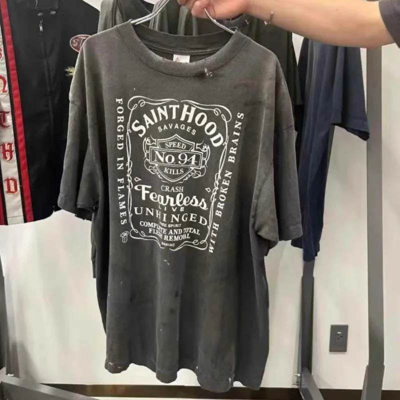 Black Distressed Splashed Ink Saint Tshirt Graffiti Flame Letter Short Sleeve NO.94 Melting Heart Shape Skeleton Men Women Tops