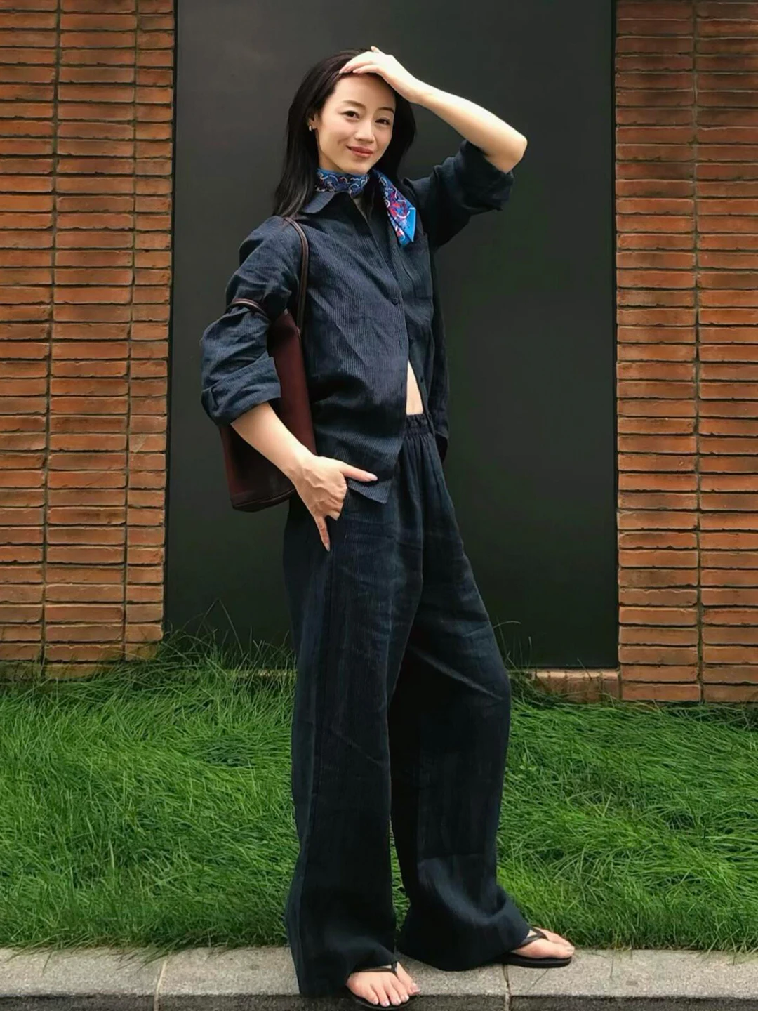 Women's Linen Shirt And Pants Set Stripe Patterned Two-Piece Suit Casual Style Commute Friendly Deep Blue Color Autumn Ready