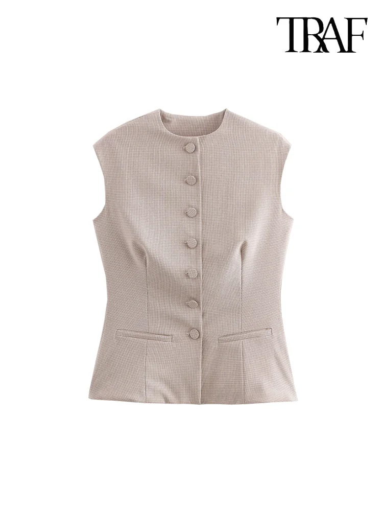

TRAF Women's Button Decoration Sleeveless Vest Vest New Casual Fashion Round Collar Plaid Printed Slim Short Top Elegant Women's