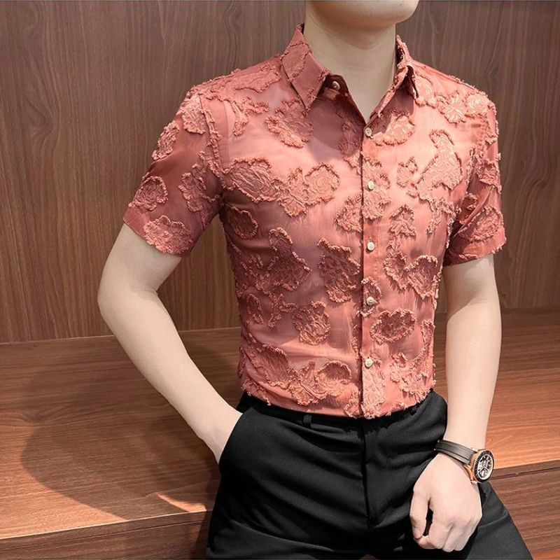 

2026 New Men's Short Sleeve Shirt Summer Lightweight Fashion Slim Fit Jacquard Casual Top
