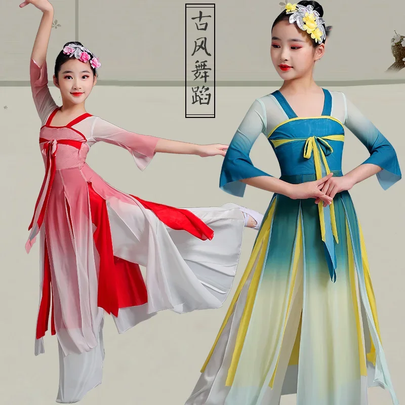 Hanfu เครื่องแต่งกายคลาสสิกของเด็กชุดจีนชุดเต้นรำแบบมีร่มสำหรับเด็กผู้หญิงเชื้อชาติ2024เต้นรำ