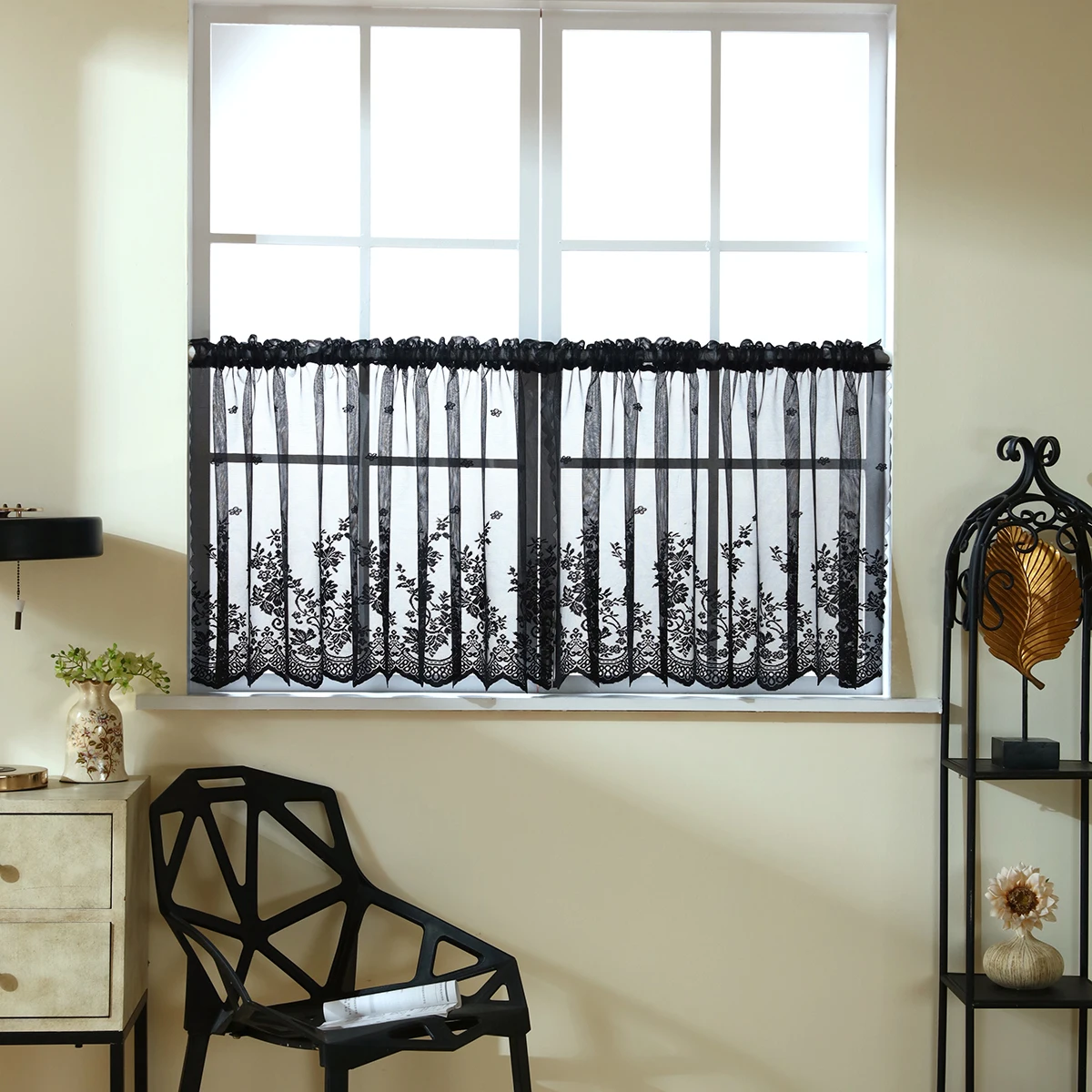 1pc Black Lace Short Curtain,Exquisite Floral Pattern Valance,Window Valances Pastoral Tulle Voile Home Decor Kitchen Decor