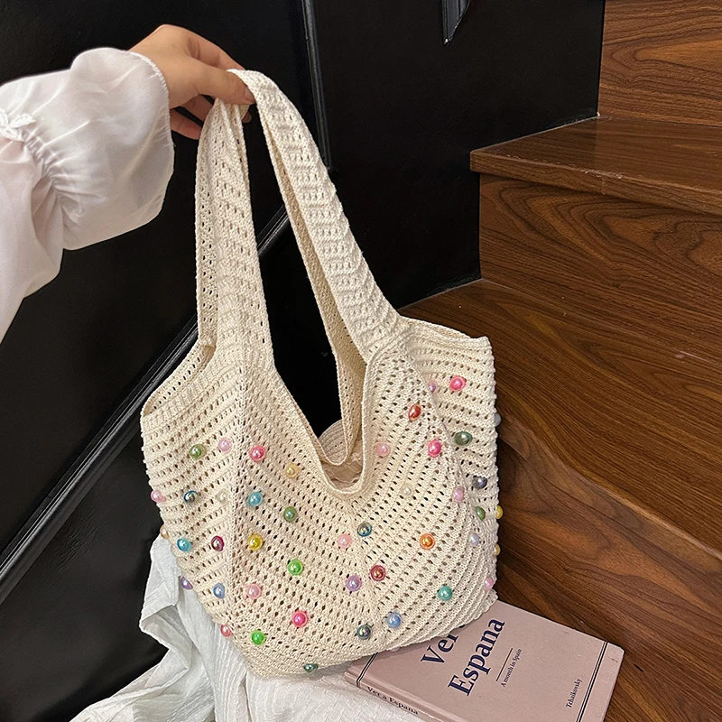 

Пляжная вязаная ажурная женская сумка-тоут с разноцветными жемчужинами, универсальная сумка для покупок из мягкого материала, вместительная сумка через плечо