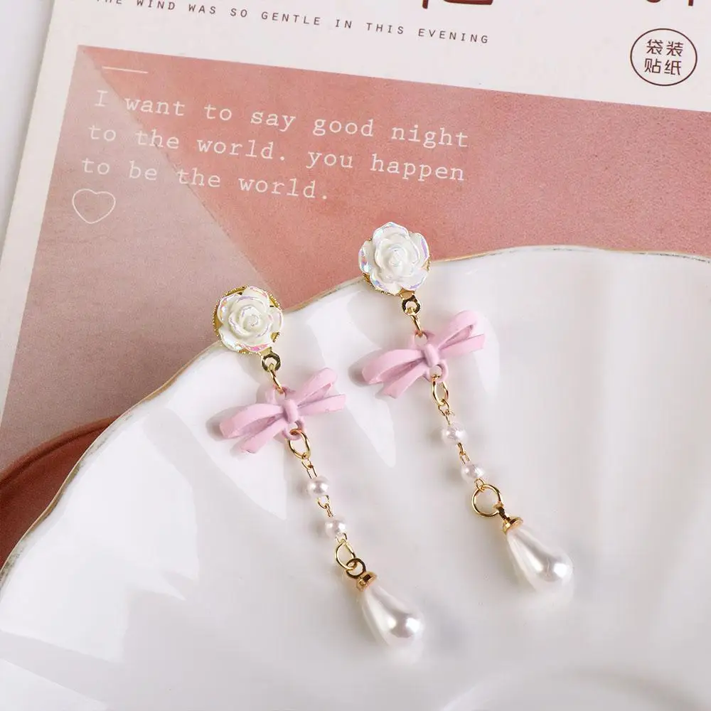 Luxury French Bow Heart Ear Stud Elegant Vintage Pearl Earrings Women Drop Earrings Fairy Party Jewelry Sweet Girl Earrings