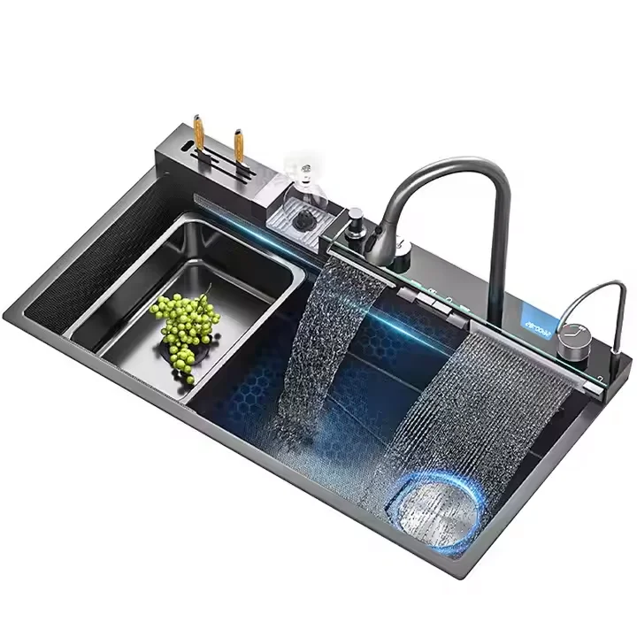 

Модернизированная черная умная раковина из нержавеющей стали с водопадом и подставкой для ножей для кухни над столешницей