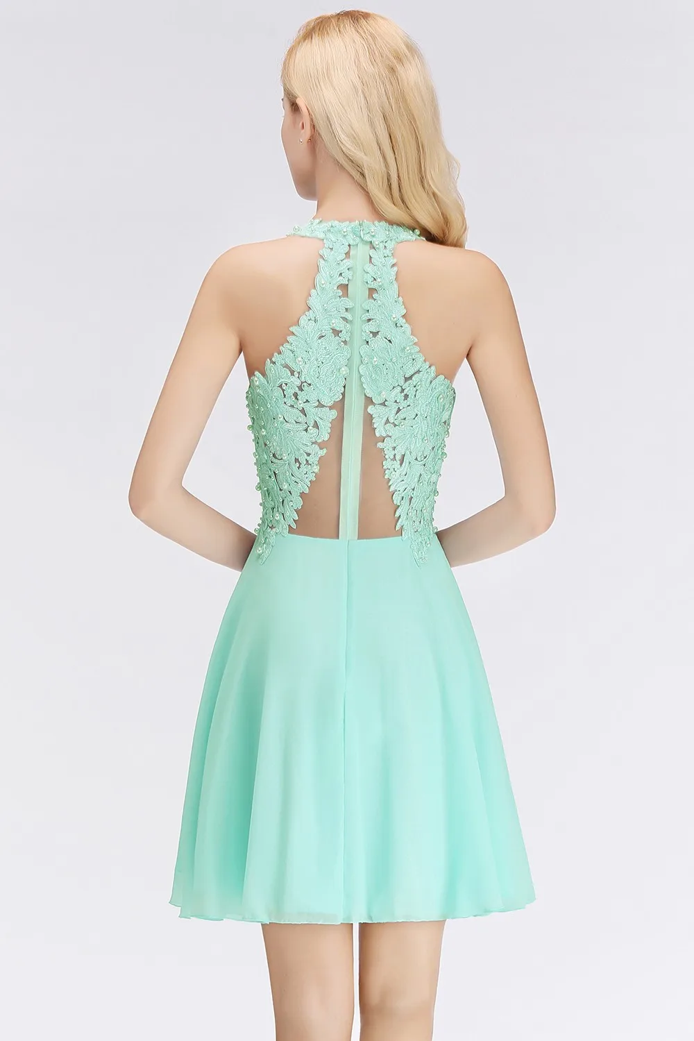 A Line Chiffon Elegant Pearls Decorated Mint Green Lace Cocktail Dresses Sexy Illusion Ruched Formal Party Prom Gowns Vestidos