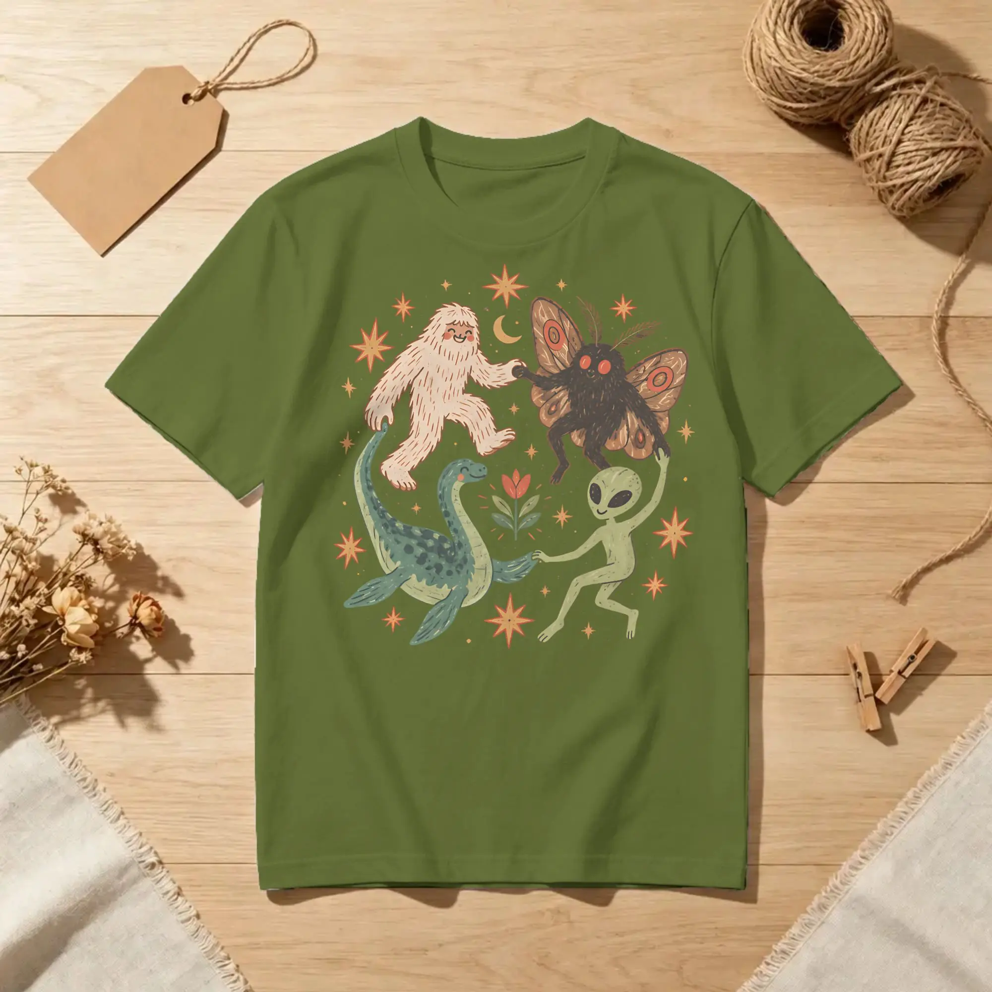 Dancing Cryptids Bigfoot Alien Mothman Loch Ness T Shirt Unisex Cotton Clothes Hip Hop Monsters Round Neck Short Sleeve