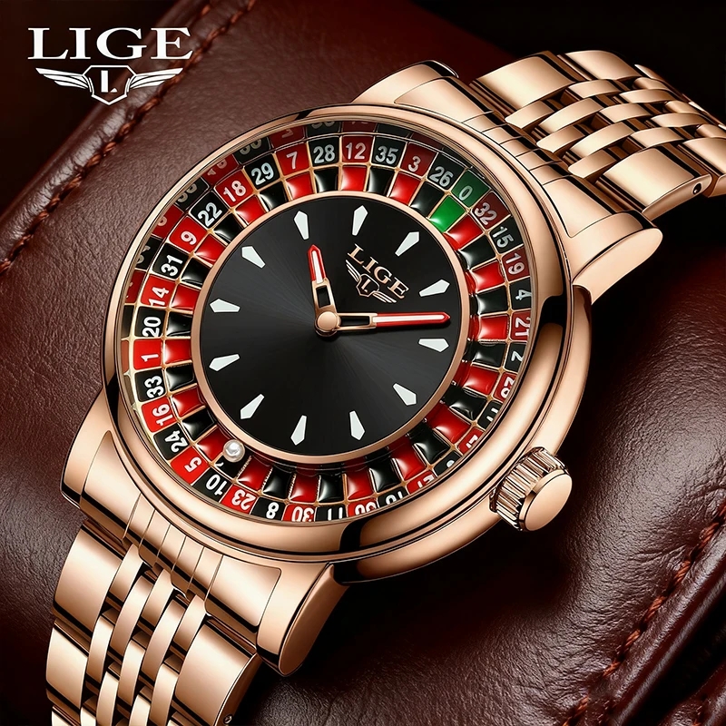 

LIGE Men Watches Rotating Dial Las Vegas Roulette Desktop Theme Quartz Watch Man Wristwatches Waterproof Luminous Clock Watches