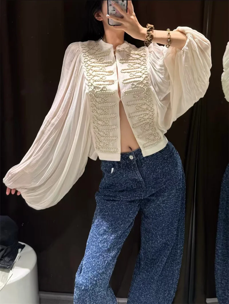 Guobioziy 2026 Autumn New Women's Shirt Beige Long Sleeve with Knot Decoration, Puff Sleeves, French Romantic Lightweight Shirt
