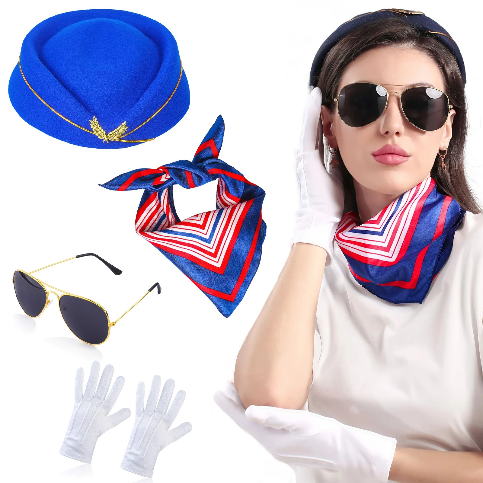 Women\'s Stewardess Costume Accessories Air Hostess Costume Accessories Flight Attendant Hat Sunglasses Scarf Gloves