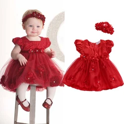 Baby Girls Princess Dress Solid Flower Decor Sweet Dress Cute Tutu Newborn Infant Birthday Party Dress Shoot Costume+Headband