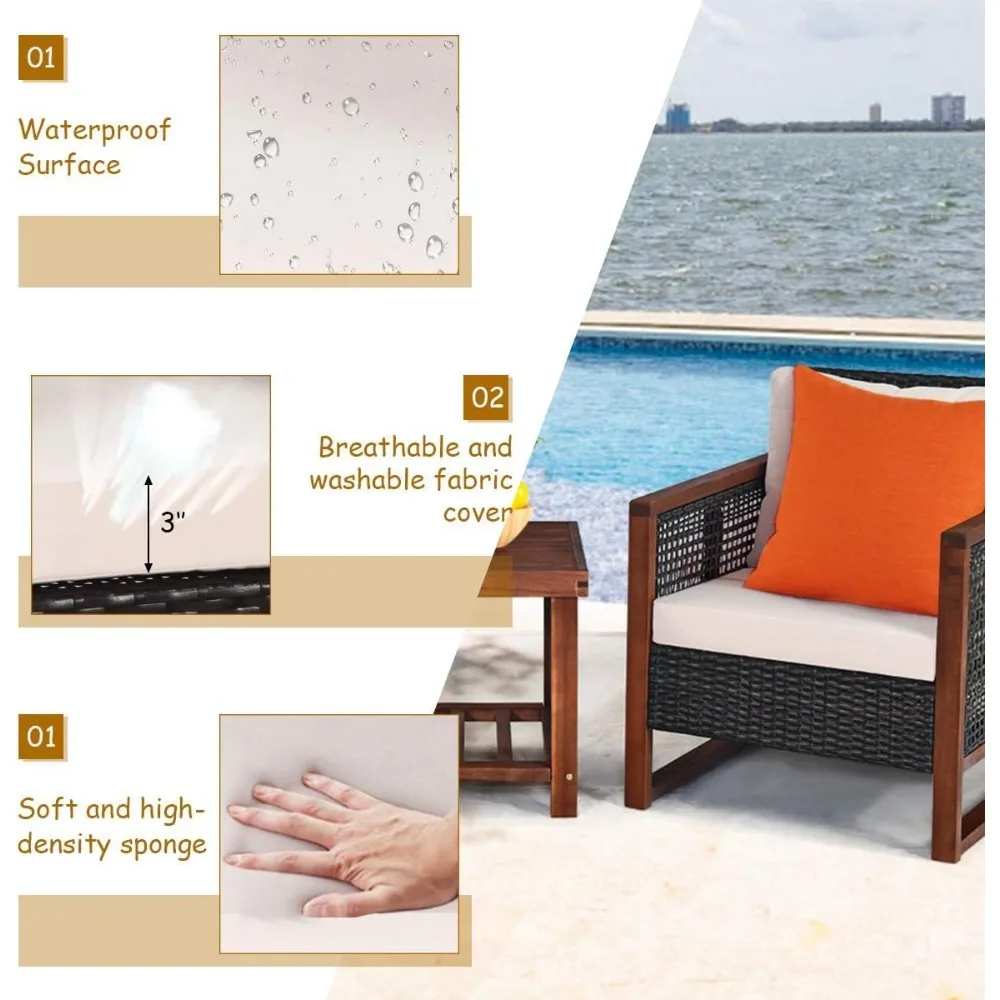 طقم أثاث للفناء مكون من 3 قطع، كراسي شرفة أمامية خارجية من الروطان مع طاولة قهوة خشبية ووسادة، محادثة مريحة من الخيزران #4