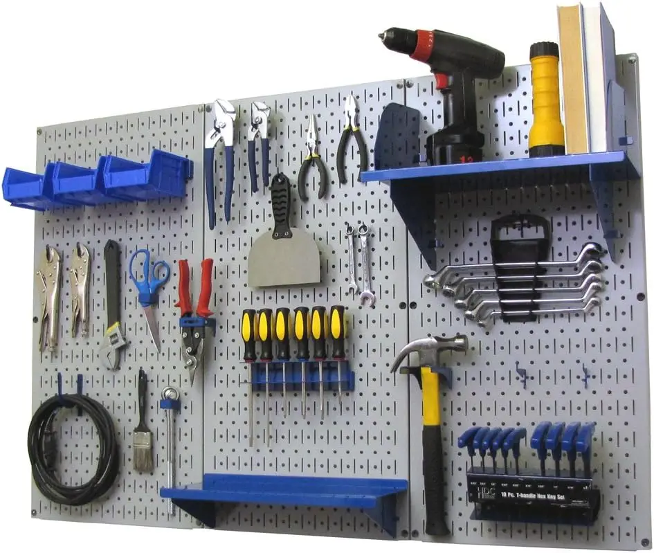 Pegboard Organizer Wall Control 4 ฟุต Metal Pegboard Standard Tool Storage Kit พร้อมกระดานเครื่องมือสีเทาและอุปกรณ์เสริมสีน้ําเงิน