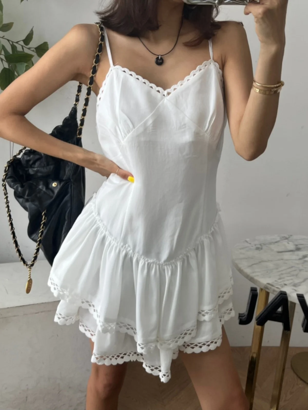 

Платье-халтер с кружевной отделкой, женское, без спинки, приталенное, А-силуэт, короткое, двухслойное, для города, хлопок/полиэстер