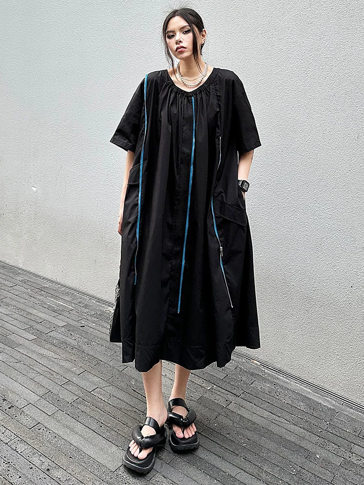 [EAM] Women Green Zipper Color-block Big Size Midi Dress New Round Neck Half Sleeve Fashion Tide Spring Summer 2024 1DH5468