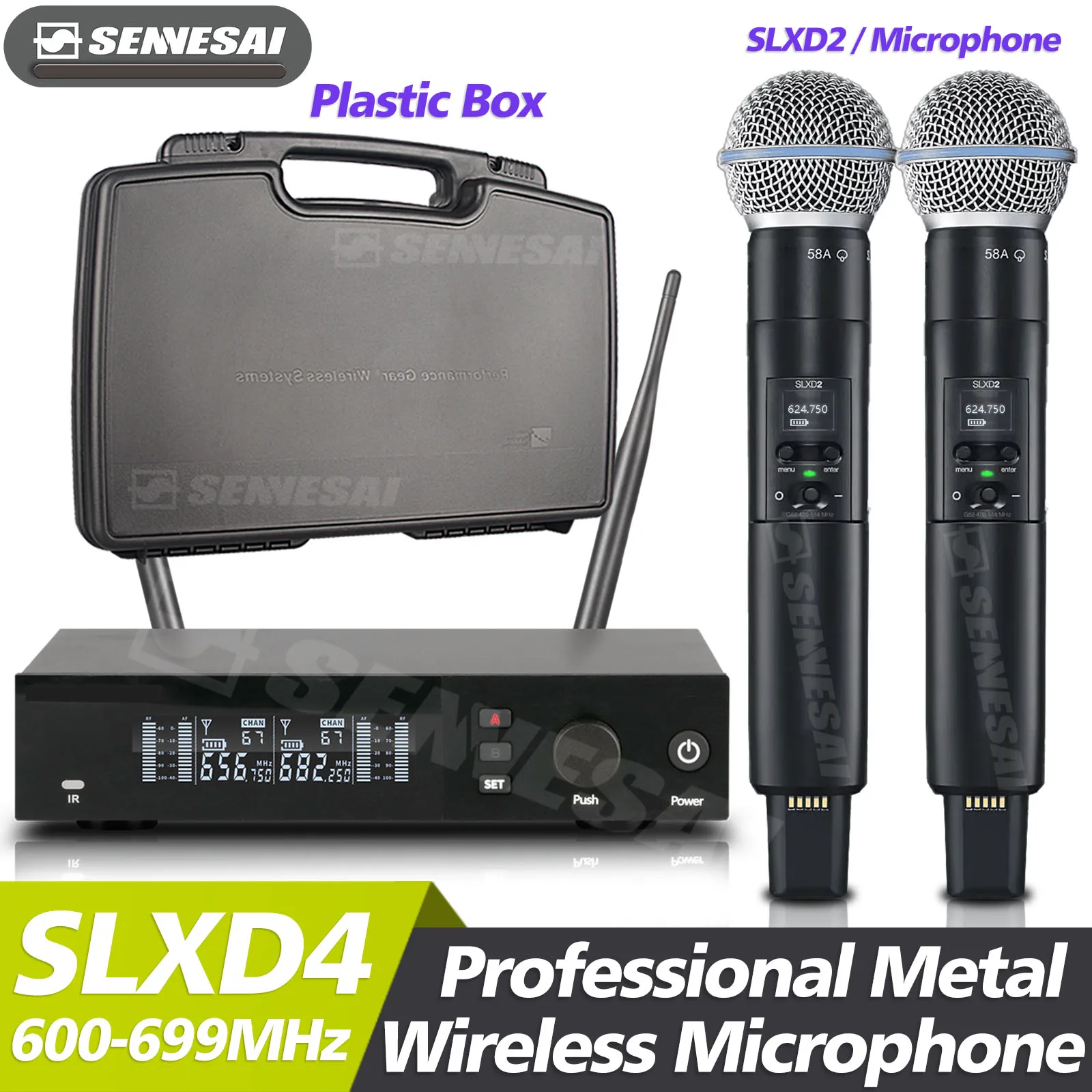 Top Quality！SLXD4 Professional Dual Wireless Microphone Stage Performance 2 Channels 600-699MHz UHF Karaoke Metal Handheld SLXD2