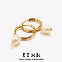 E.B.belle Minimalist Stainless Steel Small Hoop Earrings Freshwater Pearl Charms Girls Ladies Trendy Jewelry 2024 Pearl Earrings