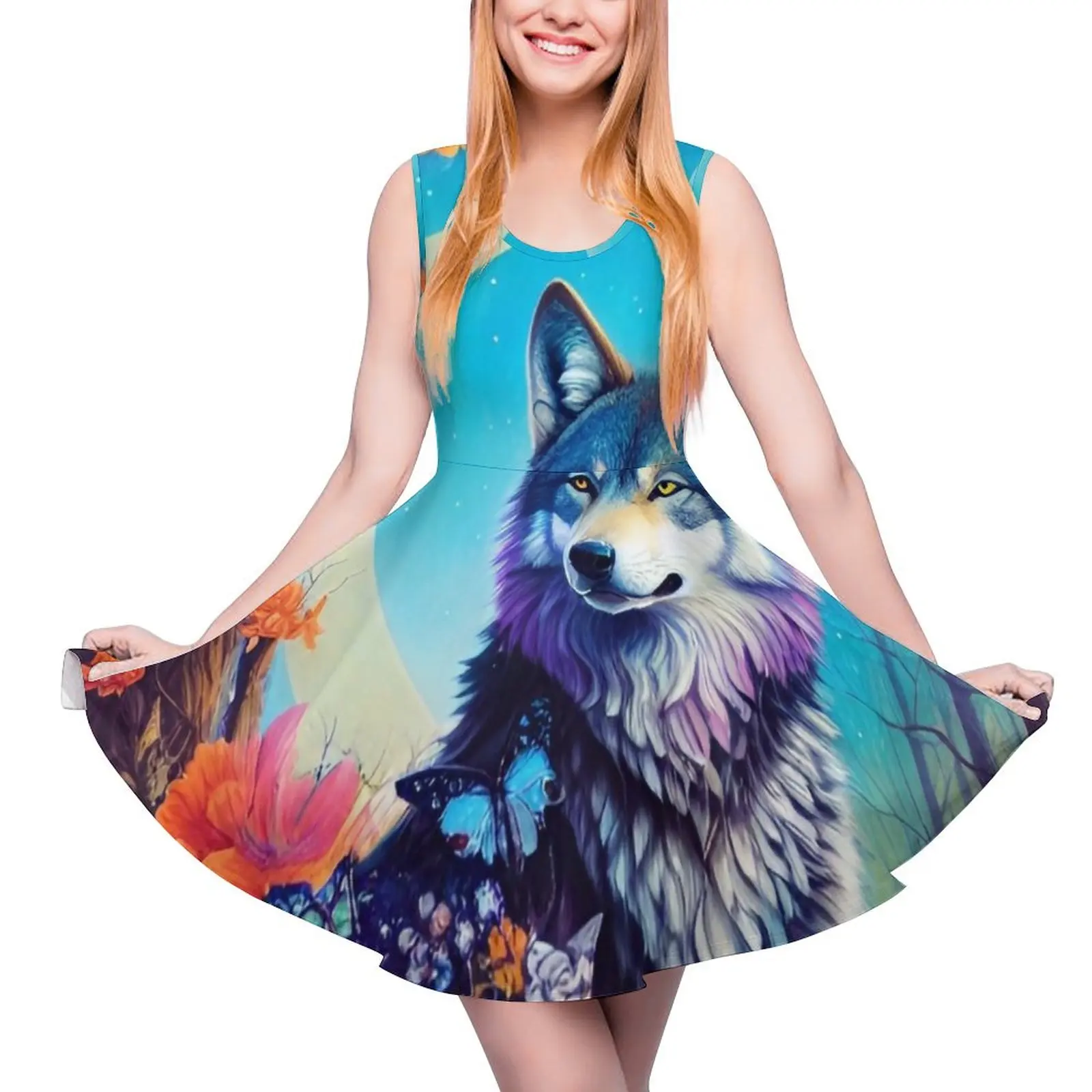 

Wolf in Blooming Tree at Night with a Crescent Moon Sleeveless Dress Dresses for wedding party summer dresses women 2024