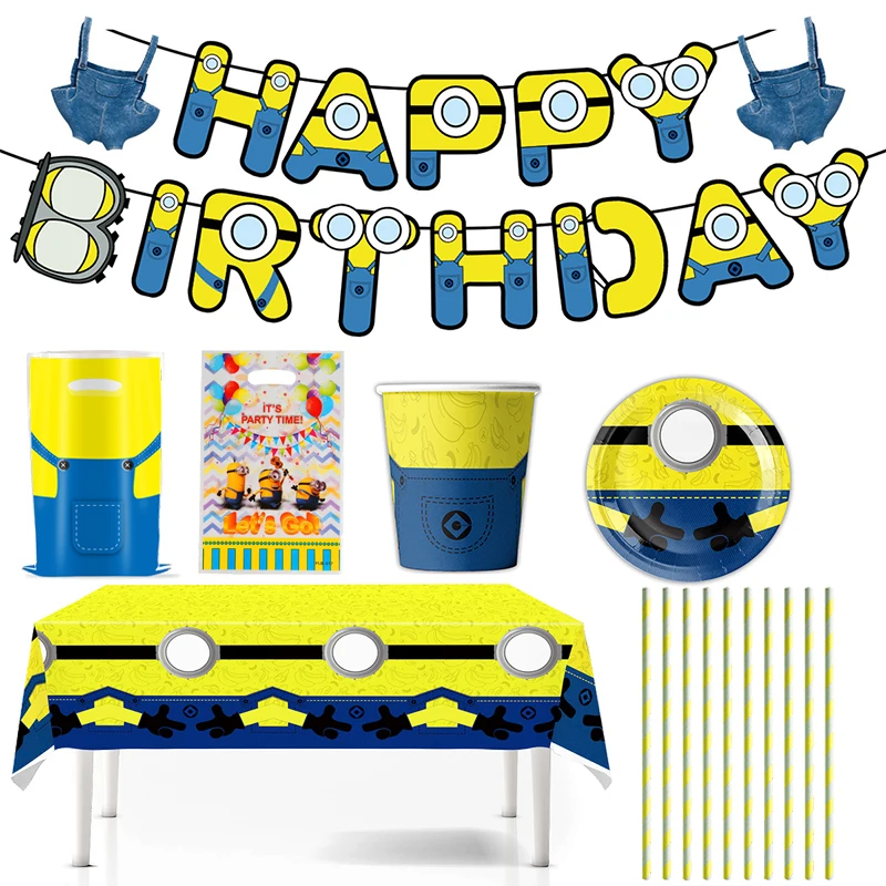 Minions-decoraciones para fiesta de cumpleaños para niños, vajilla, mantel, plato y vaso de papel, bolsa de regalo de Anime, bolsas de embalaje de dulces para niño y niña
