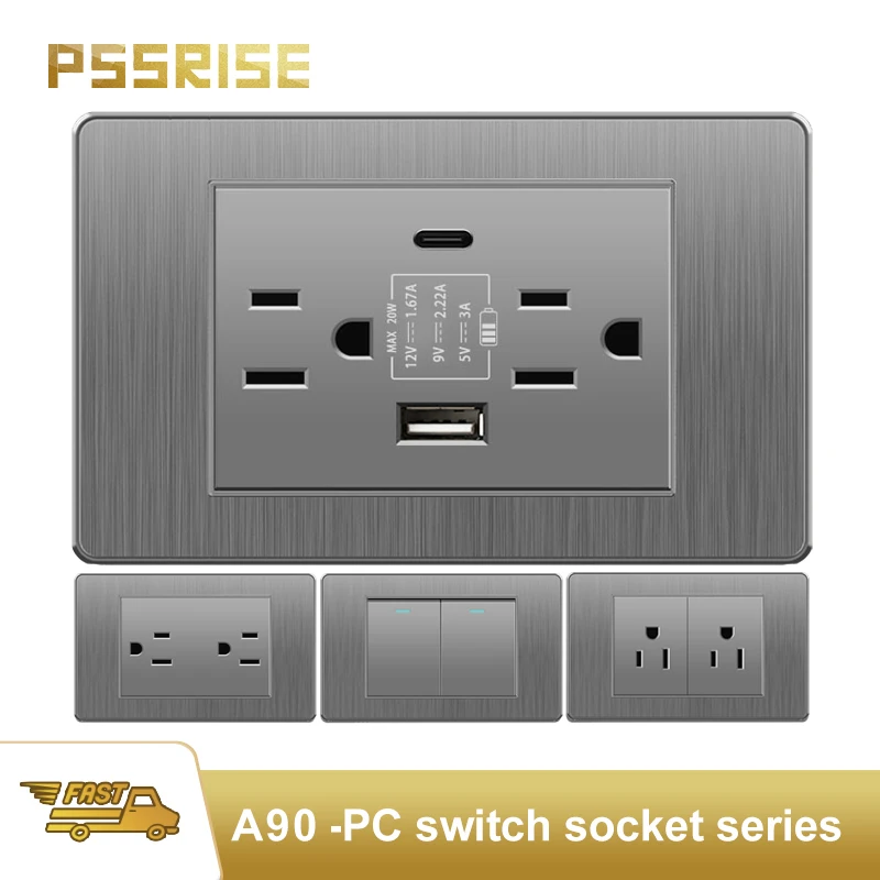 

PSSRISE Grey PC Brushed America Thailand USB Type C Fast Charging Socket Universal Light Switch TV Tel Doorbell 16A 20A 118*72mm
