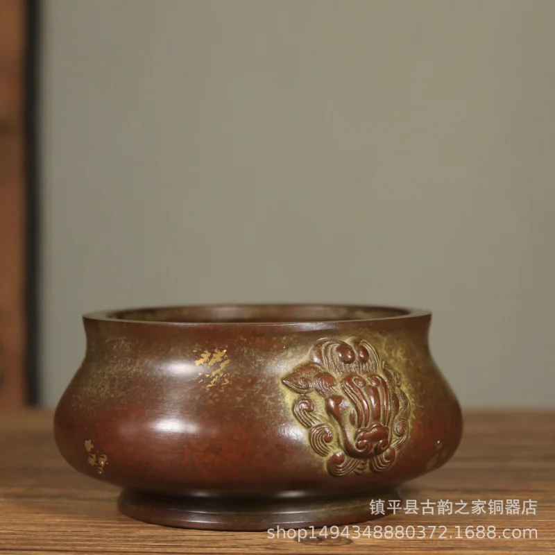 Pure Copper Double Lion Braided Home Office Zen Holder Tray Ornament Incense Burner Round Bottom