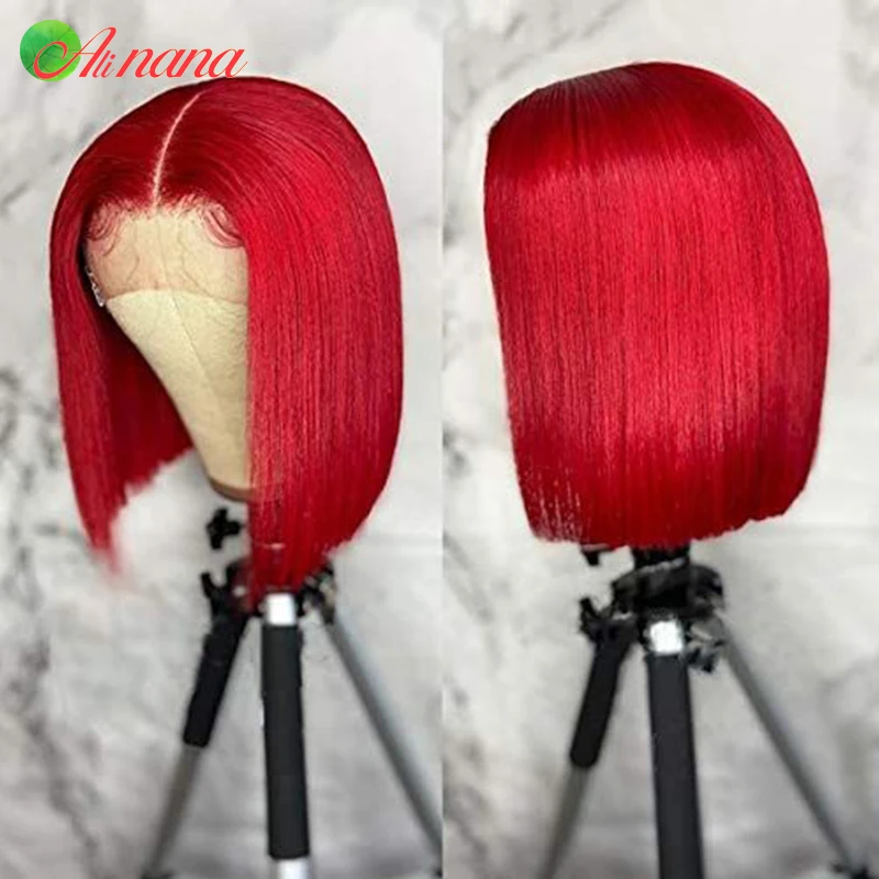 5X5 6x6 Lace Closure Human Hair Wig For Black Women Transparent Lace Short Bob Wigs Burgundy Lace Front Wig Red Straight Bob Wig