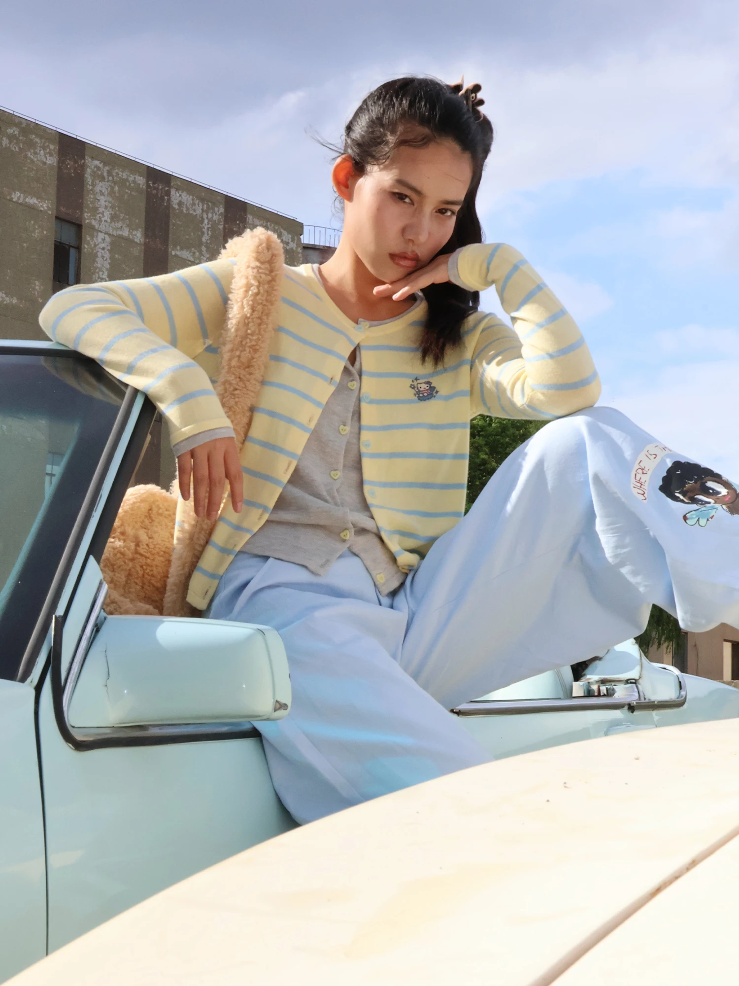 

Желтый полосатый вязаный кардиган MOF Iscri с эффектом двухслойности, тонкий свитер-накидка для девочек, повседневный, весенний сезон