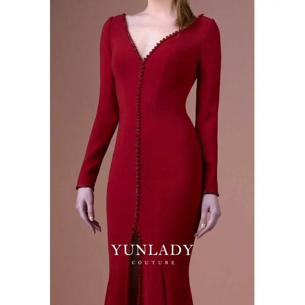 YUNLAN Sexy Wine Red Women\'s V -neck And Ground Fishtail Skirt Elegant Tail 2024 New Model Muslim Important Dance Evening Dress