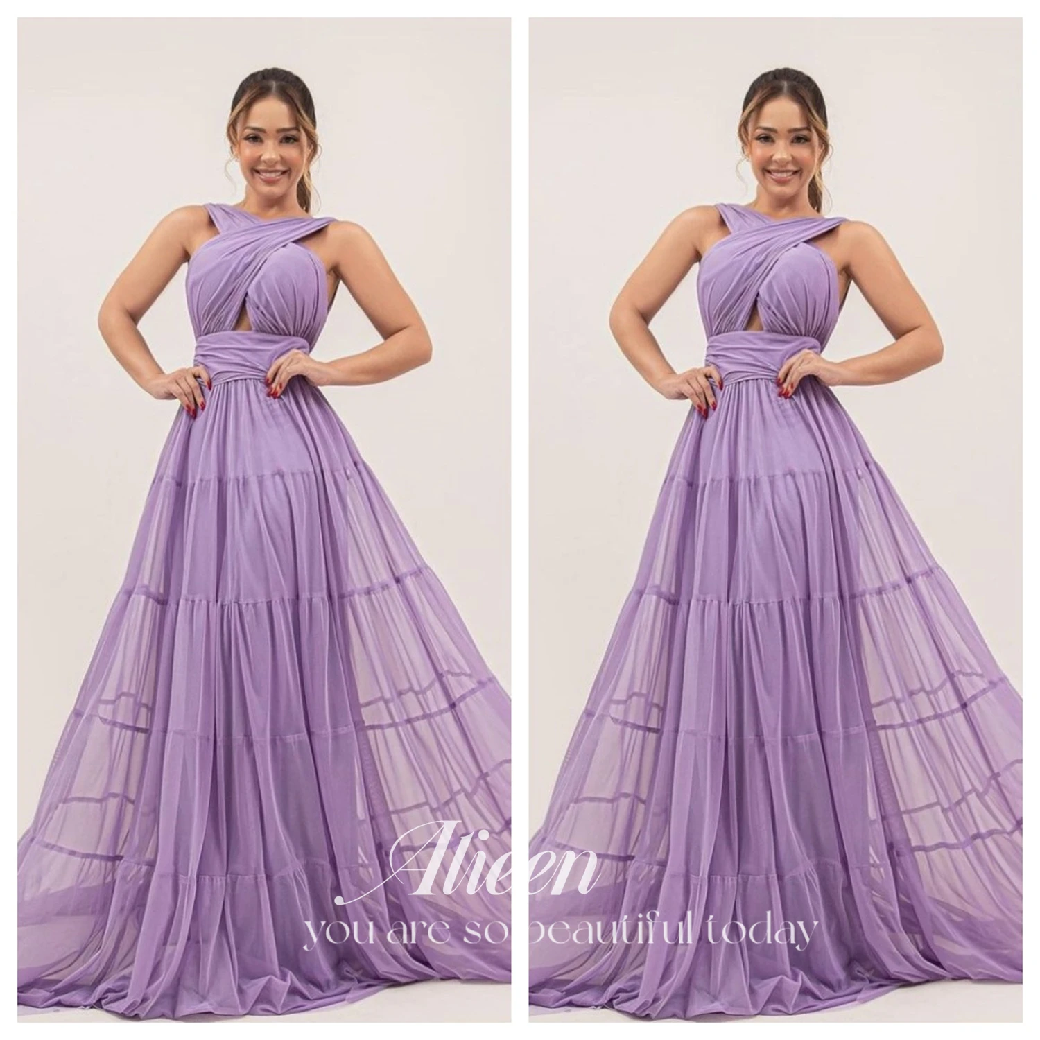 

Aileen Trending Purple Ball Gown 2023 Shiny Layered Tank De Noche Sleeveless Ball Gown Sexy V Neck Maxi Dress