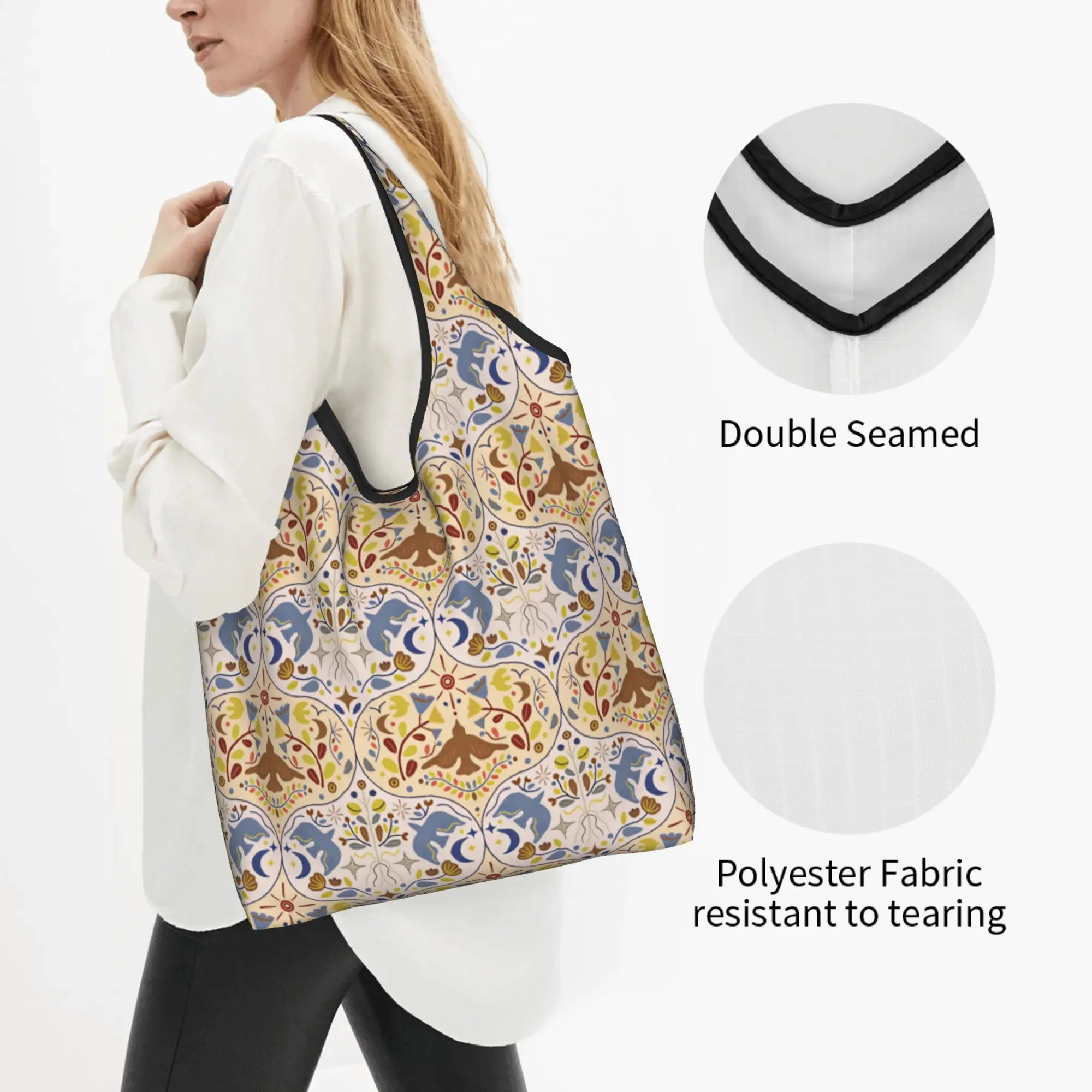 Fashion Nordic Style Flying Bird Botanical Floral Shopping Tote Bags Scandinavian Folk Art pattern  Shopper Shoulder Bag