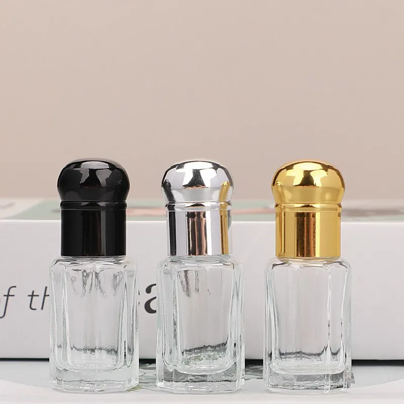 3ML Flat Head Clear Glass Roll Ball bottle octagonal Glass with Gold Silver Black  Metal Cap  Glass roll-on bottles