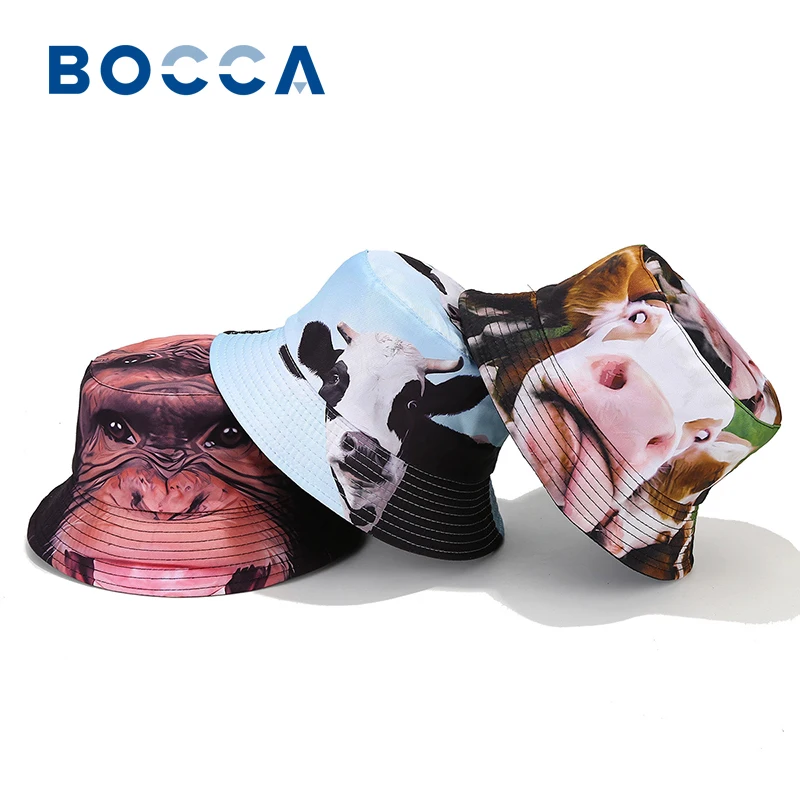 Bocca Funny Animal Pattern Bucket Hat Cute Printing Fisherman Hats Location Reversible Panama Cap For Men Women Summer Sunshade