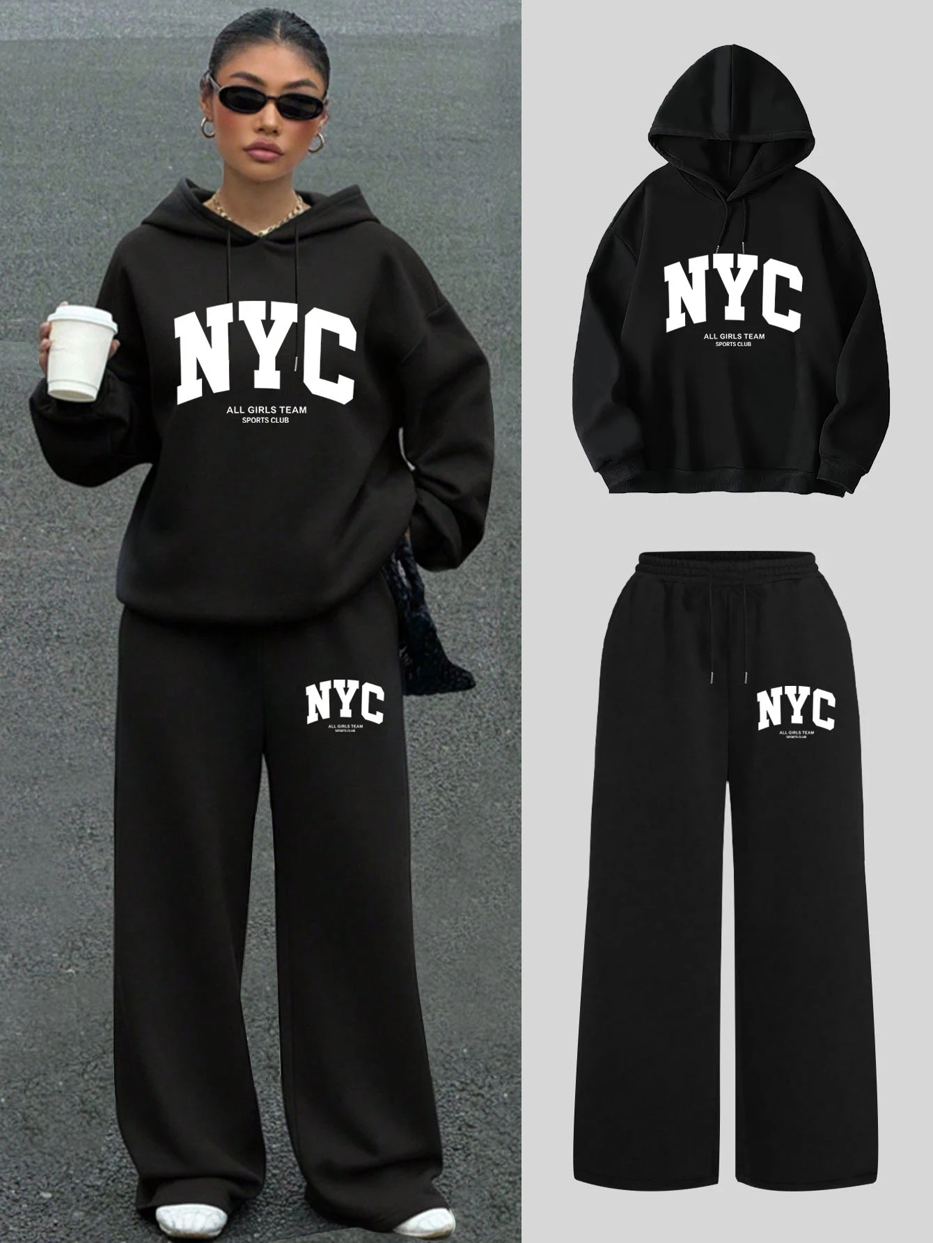 NYC Print Fleece Women Tracksuit Oversized Hoodie Wide Leg Pants 2 Piece Casual Streetwear Set view 2