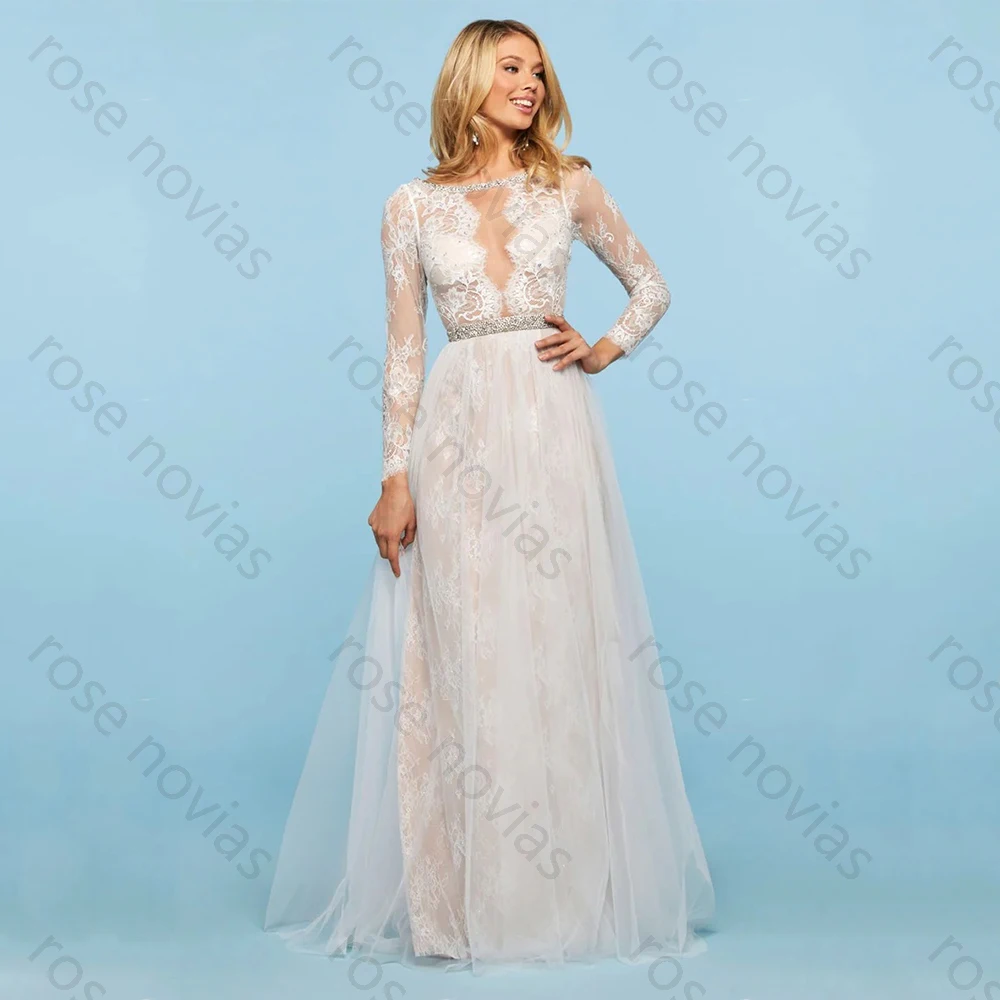 High Quality Elegant Weeding Dresses Sexy Tulle for Floor-Length O-Neck Backless Prom Lace Crystal Vestidos De Fiesta Customized