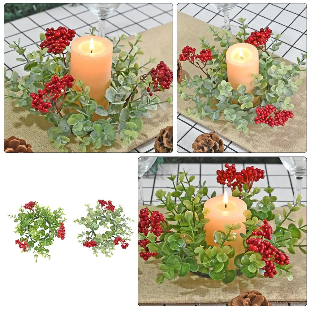 

2Pcs Christmas Wreaths Artificial Greenery with Red Berries for Pillar Candles Home Fireplace Wall Decor Festive Party