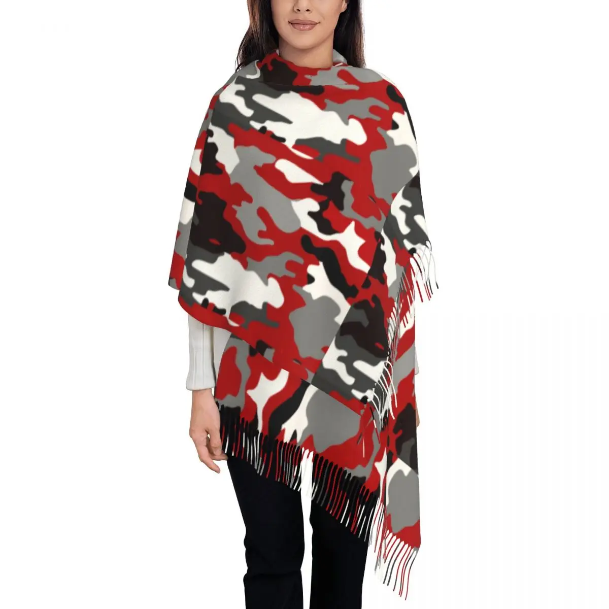 レッド迷彩スカーフラップ女性ロング冬秋暖かいタッセルショールユニセックス陸軍軍事迷彩スカーフ