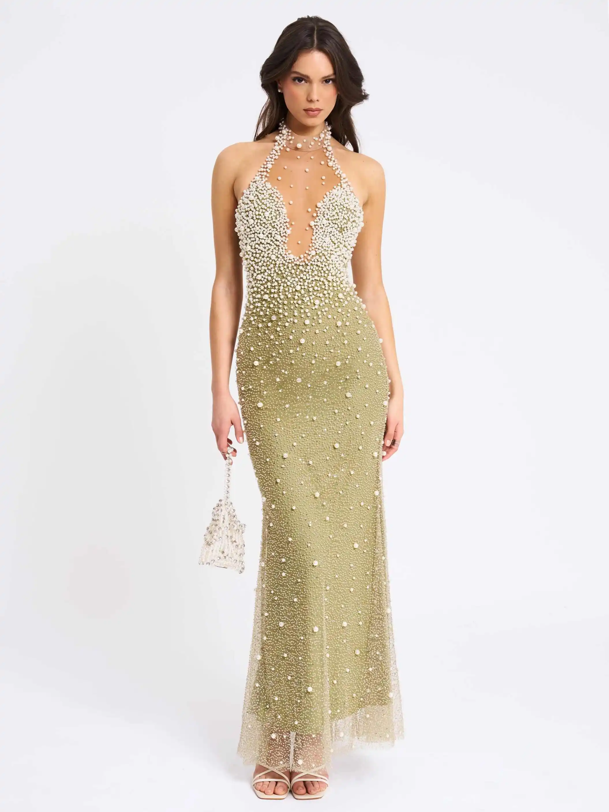 Modieuze avondjurk halter mouwloos parels kant vloerlengte galajurk banket speciale gelegenheid vestido de novia