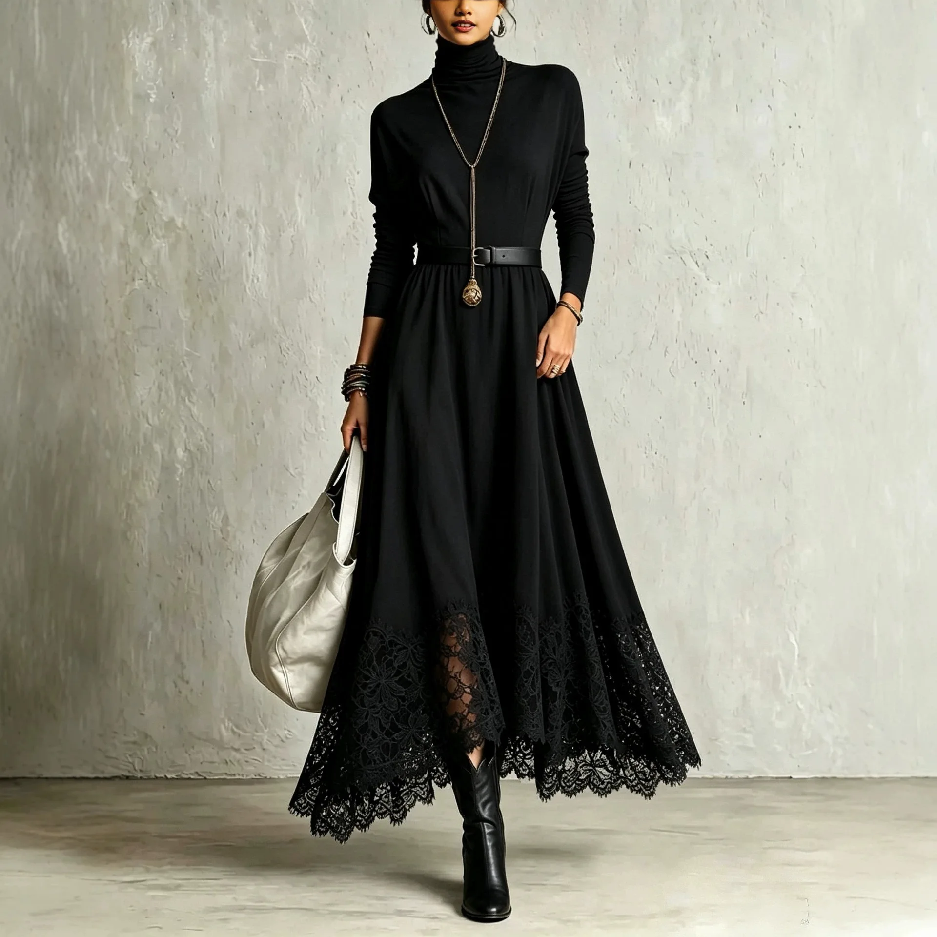 Women's Vintage Western Suede Maxi Dress Turtleneck Long Sleeve Lace Contrast Spliced High Waist Elegant Boho Casual Party Dress