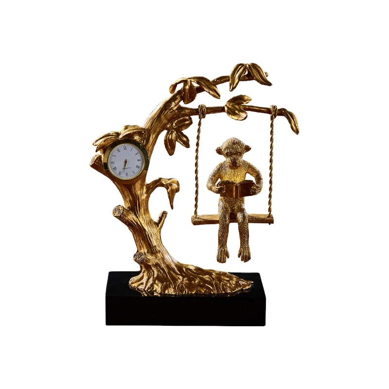 Modern Home Ornaments Creative Brass Clock Decorative Ornament with Tree Monkey for Home Office Interior Decoration