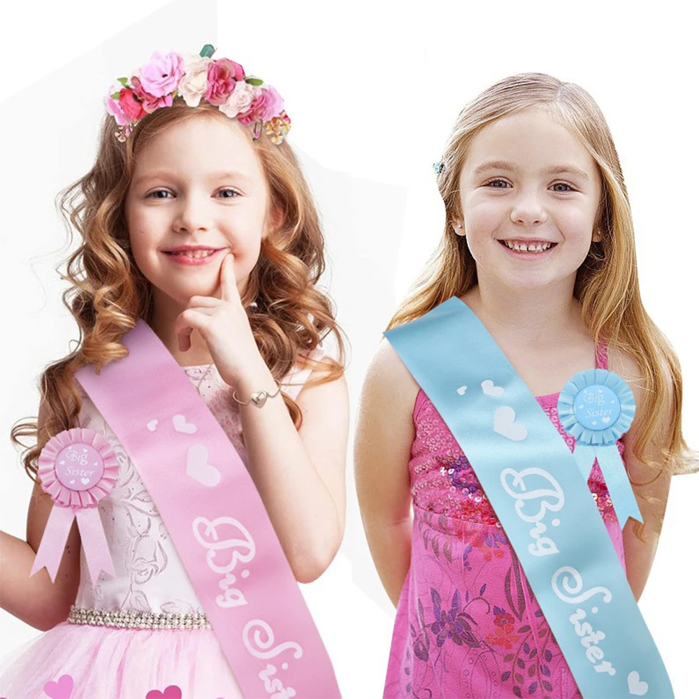 Baby Shower for Girls Big Sister Sash And Tinplate Badge Combo Kit Pink Blue Baby Gender Reveal Party Gifts Decorations Supplies - view 3