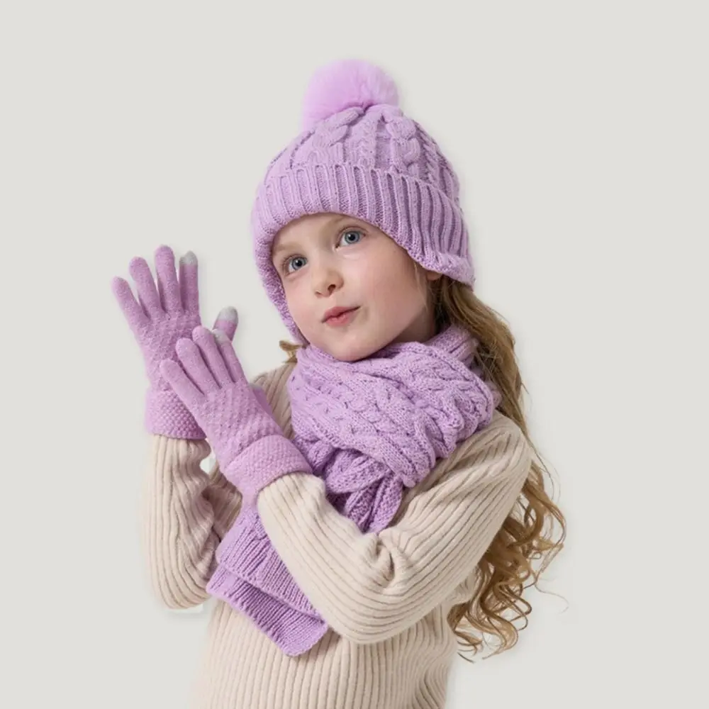 

New Winter Hat Scarf Gloves Set Warm Windproof Pompom Knitted Hats Thicken 3-10Y Neck Warmer Children's Outdoor