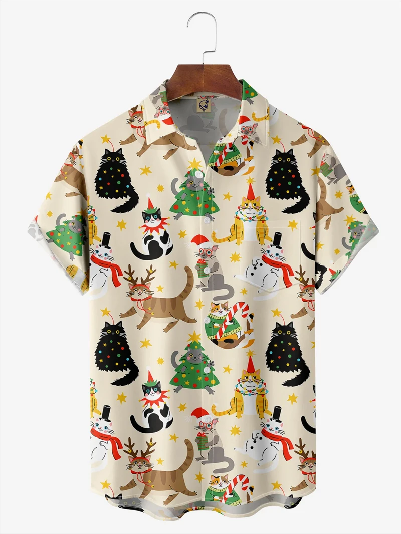 New Christmas cat pattern short-sleeved shirt for men and women, 3D print Hawaiian beach shirt, Christmas element Y2K top