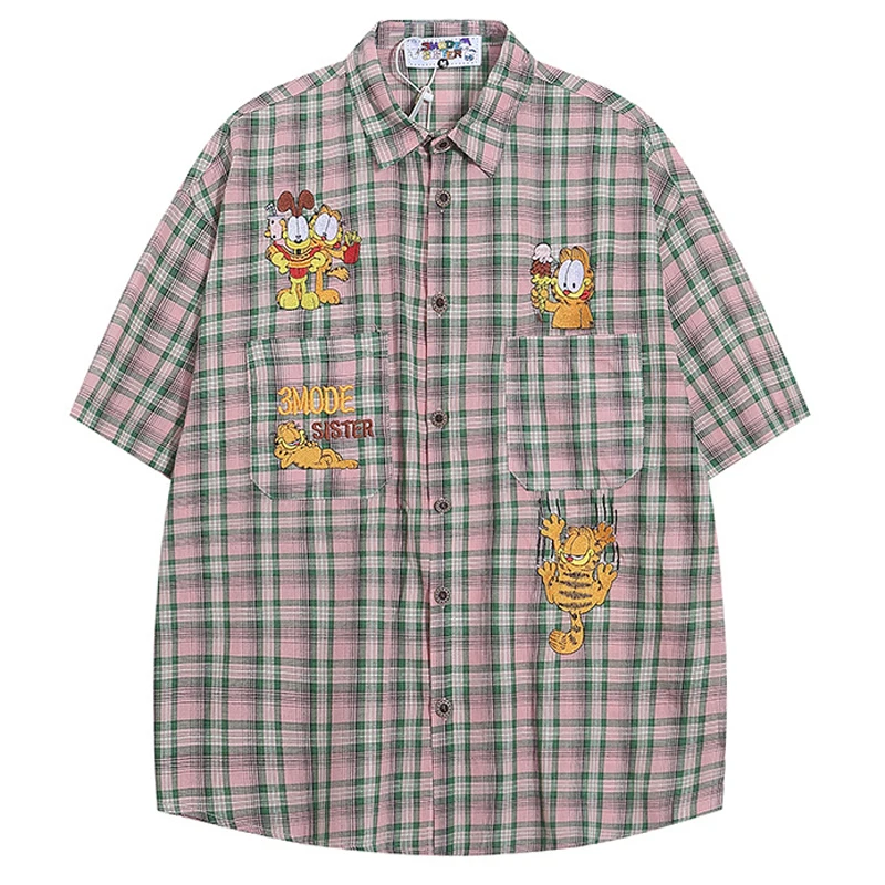 Plaid Cartoon Embroidery Short Sleeve Shirts Mens Summer Retro Streetwear Lapel Single Breasted Half-Sleeve Loose Shirts Cotton