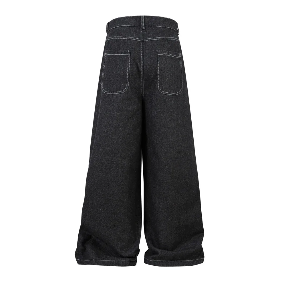Gespleißte Jeans mit Reißverschlusstasche für Herren, Hip Hop, High Street, gewaschen, lockeres, weites Bein, dunkle Denim-Hose für Herren – Detail 5