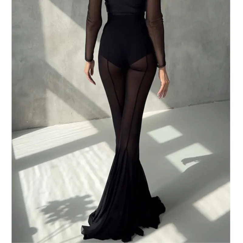 Pantalon évasé en maille transparente pour femmes, blanc/noir, taille haute, jambes longues, coupe cintrée, Chic, décontracté, Perspective, mode pour dames