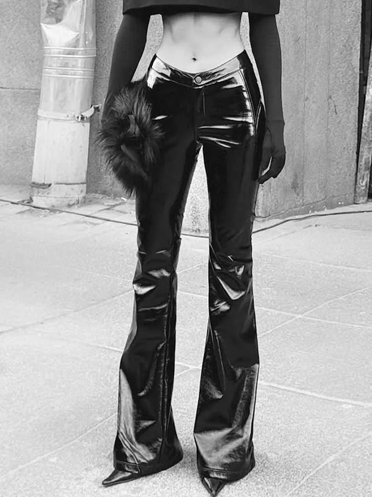 BKQU فاسق منخفضة الخصر بنطال جلدي النساء خمر الشارع الشهير Y2K Ruched نحيل أسود مضيئة بنطلون موضة الهيب هوب قيعان 2025 #4