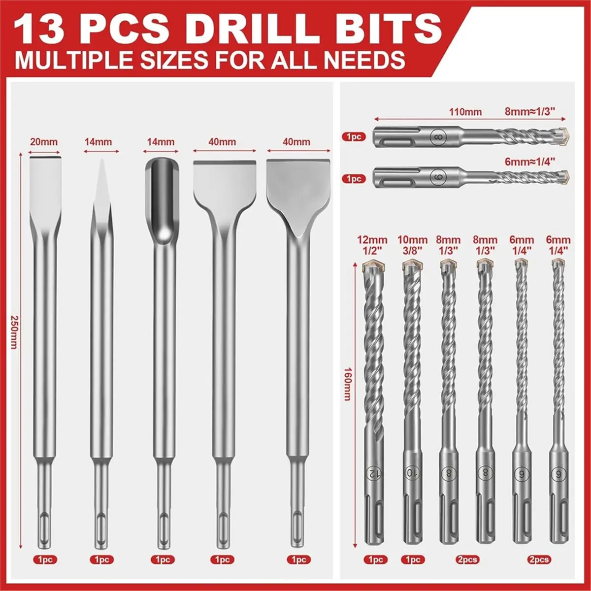Best of 2026 13Pcs SDS Plus Rotary Hammer Drill Bits and Chisel Set, Carbide Tipped Rotary Hammer Drill Bits Concrete Drill Bit